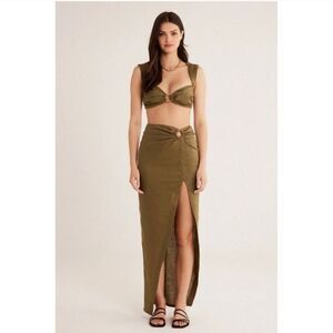 Rumer The Label olive green Byron ring asymmetrical front hem linen maxi skirt
